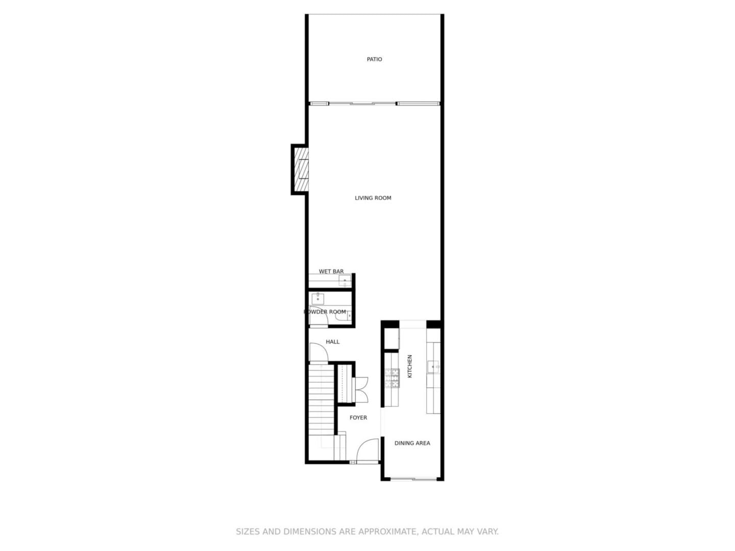 A floor plan of the ground level of a house.