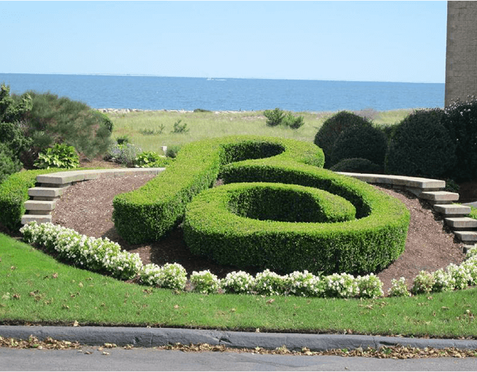A garden with bushes shaped into the shape of an e.